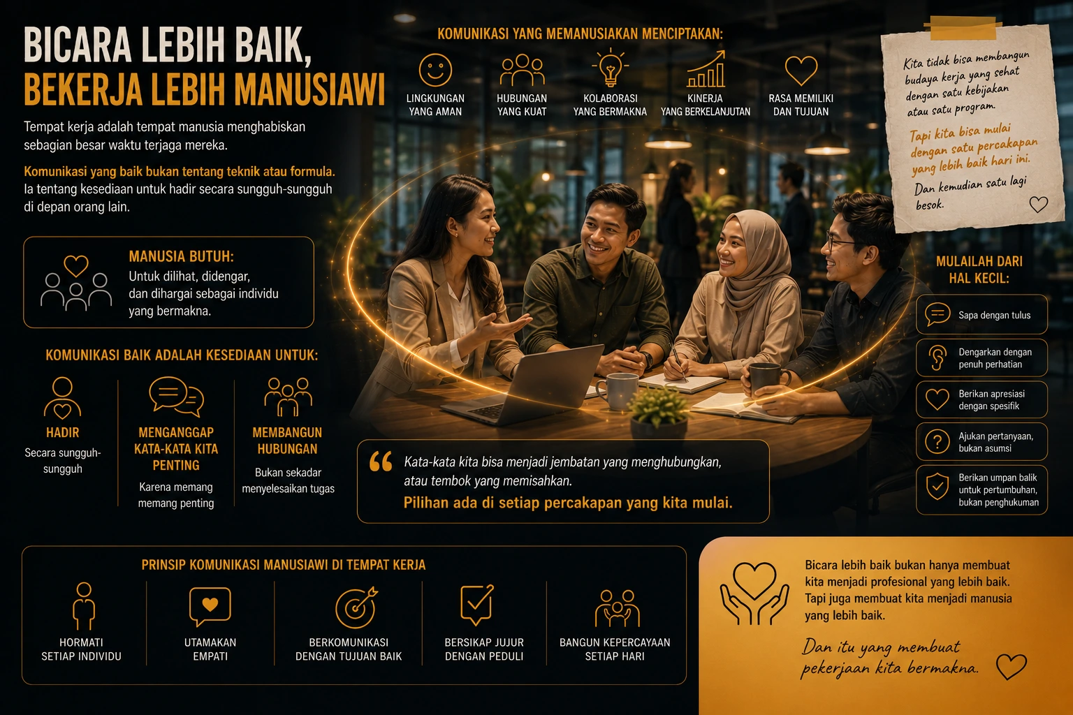 Komunikasi yang baik membuat tempat kerja terasa lebih aman, hangat, dan manusiawi. Bicara lebih baik untuk tempat kerja
