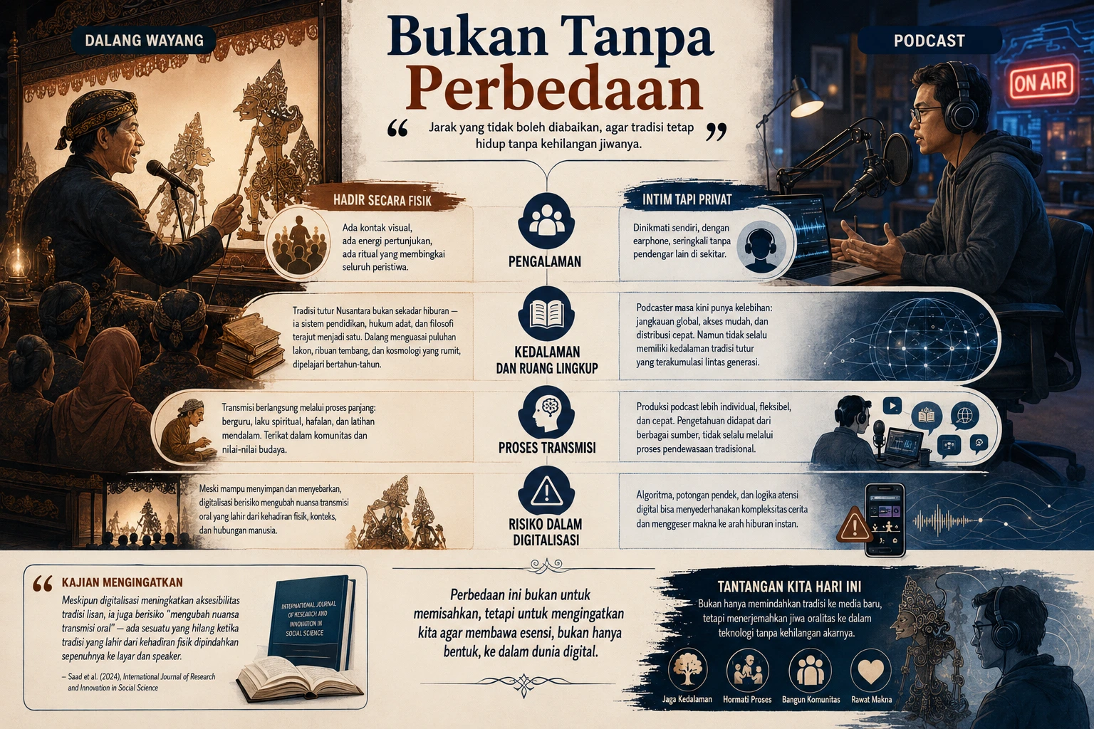 Ilustrasi perbedaan pengalaman antara pertunjukan tradisi lisan yang bersifat kolektif dan podcast digital yang lebih personal. Bukan Tanpa Perbedaan Wayang dan Podcast