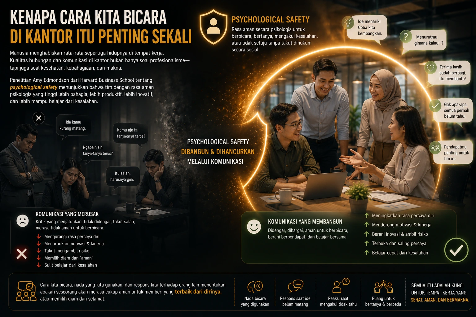 Cara kita berbicara menentukan rasa aman dan nyaman dalam bekerja. Komunikasi untuk tempat kerja yang aman