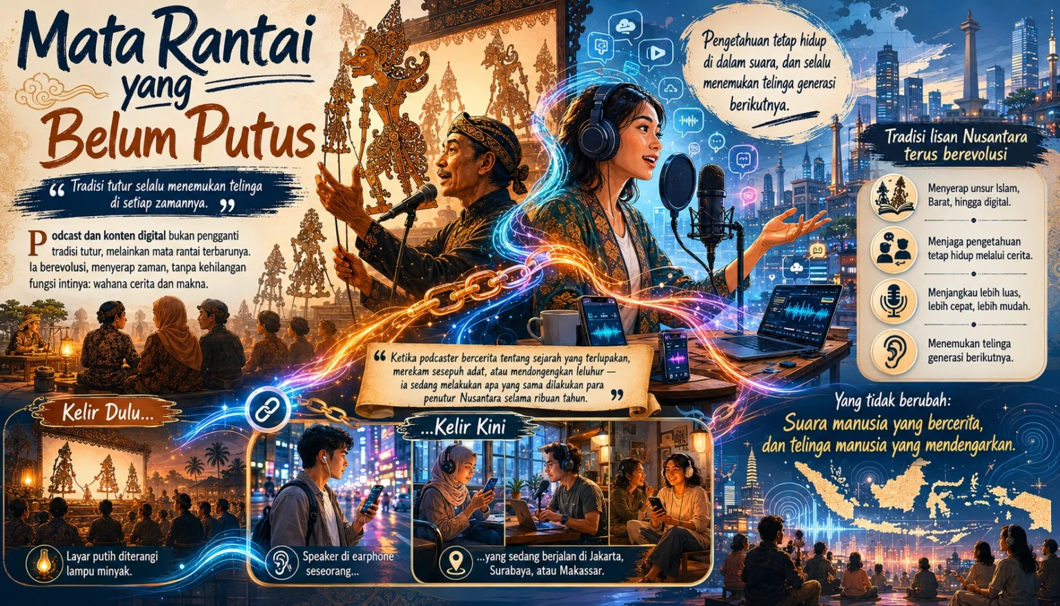 Gambaran kesinambungan tradisi tutur Nusantara yang terus hidup melalui medium digital dan budaya audio modern. Mata rantai tradisi digital