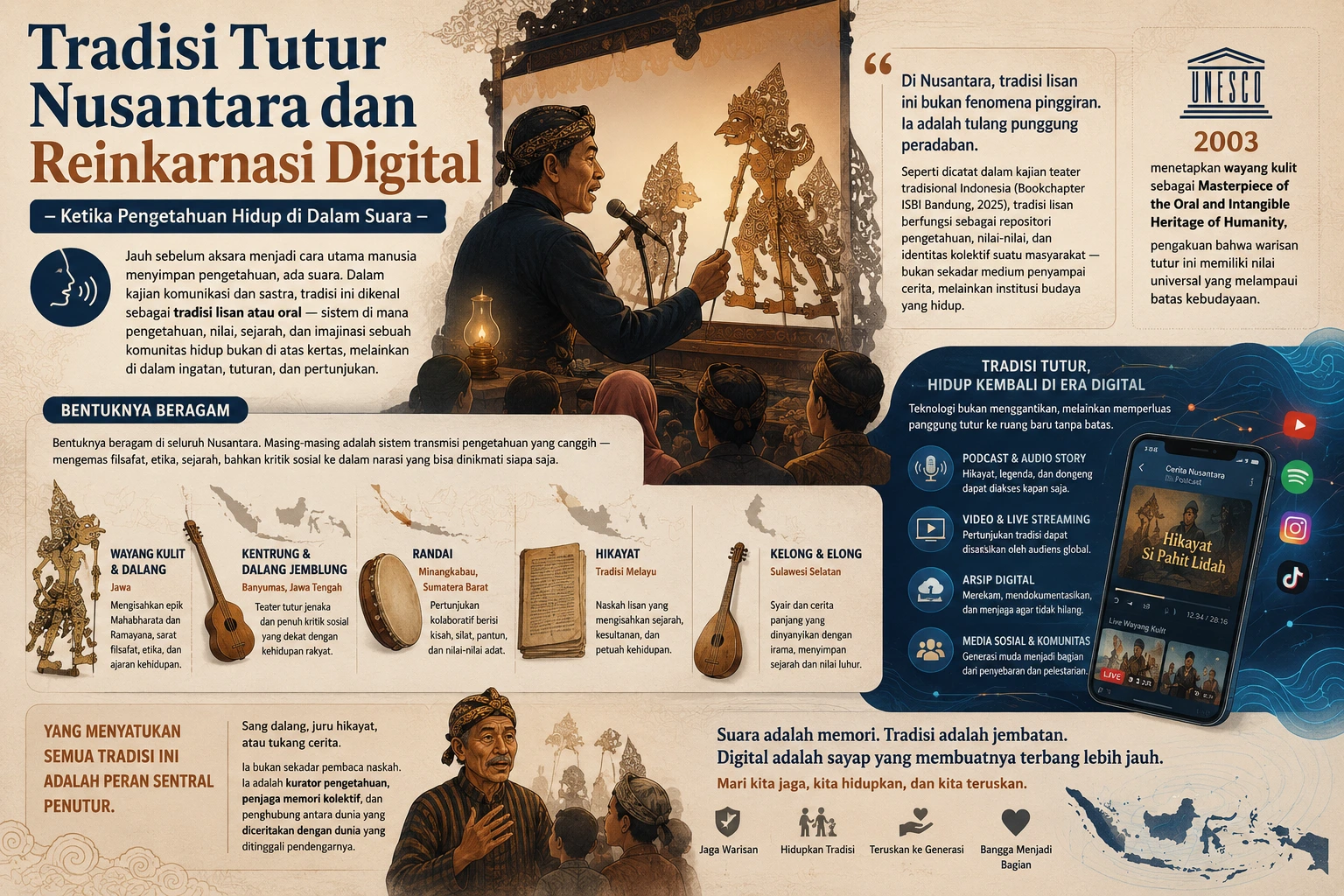 Ilustrasi sinematik yang menggambarkan hubungan antara pertunjukan wayang tradisional dan budaya podcast di era modern. Tradisi tutur dalam era digital