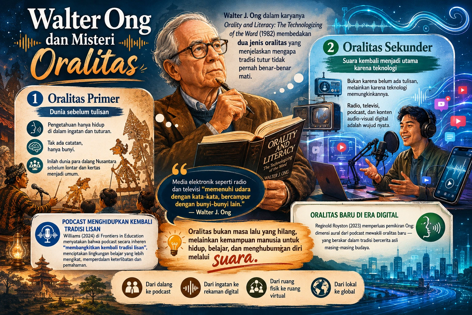 Visualisasi konsep oralitas primer dan oralitas sekunder Walter J. Ong dalam perkembangan budaya tutur di era teknologi. Walter Ong dan konsep oralitas dalam media2
