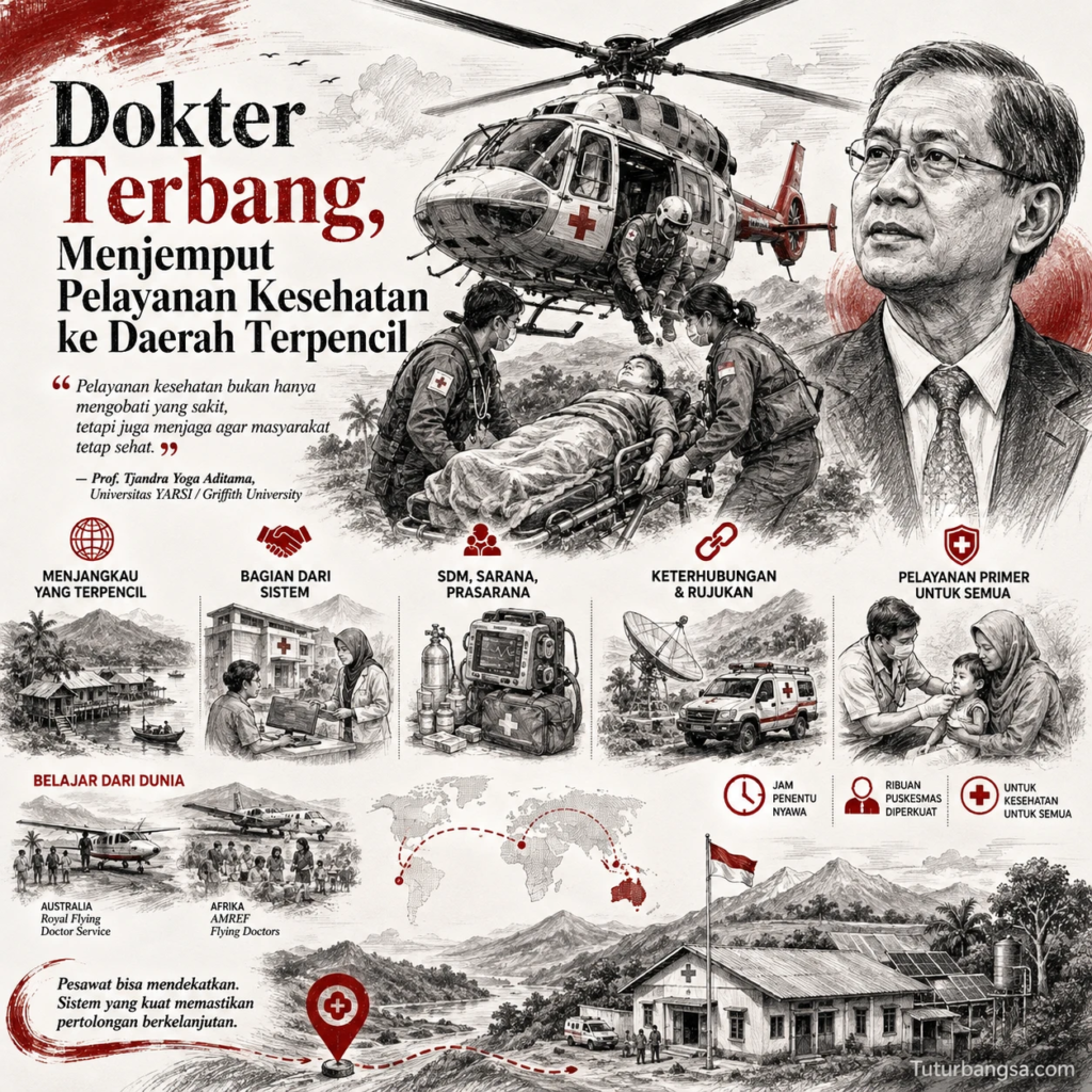 Model layanan kesehatan dokter terbang lahir dari kebutuhan untuk mengatasi hambatan geografis yang membuat masyarakat di daerah pedalaman sulit memperoleh pelayanan medis. (Tuturbangsa.com)